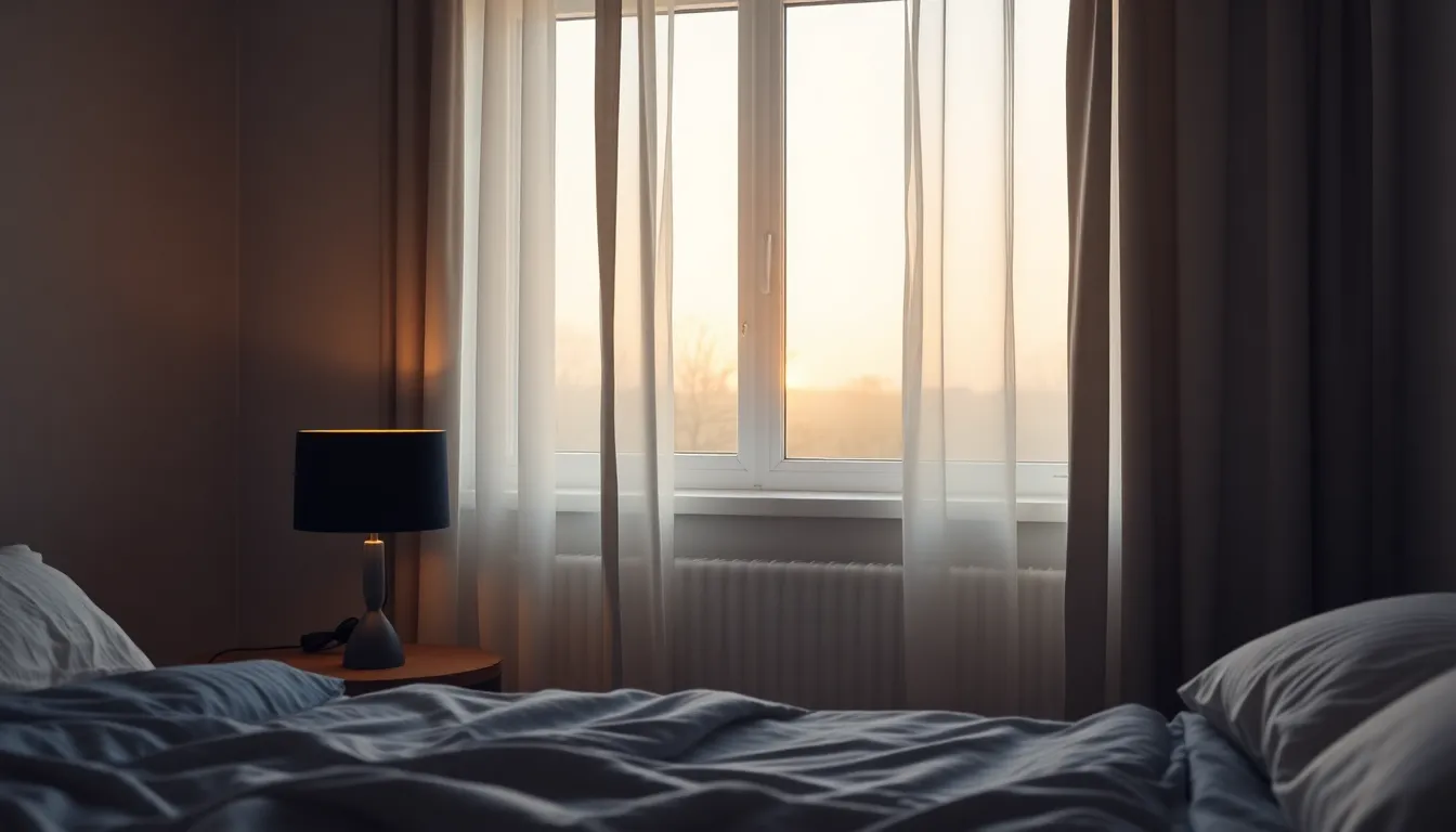 Roligt dansk soveværelse i den tidlige morgen med blødt lys gennem gardinet ved siden af en mørk aftenlampe, i navy, guld og creme