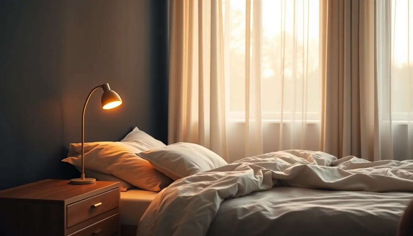 Hyggeligt dansk soveværelse tidligt om morgenen, hvor et lysvækkeur på natbordet lyser varmt orange som en solopgang i navy og creme