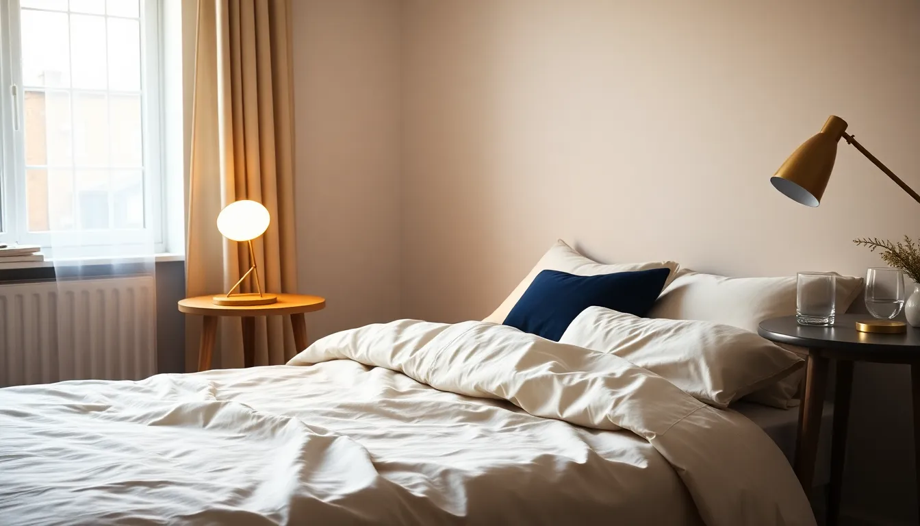 Roligt dansk soveværelse i varmt aftenlys med en opredt seng i navy og creme og et natbord med et glas vand og en dæmpet lampe