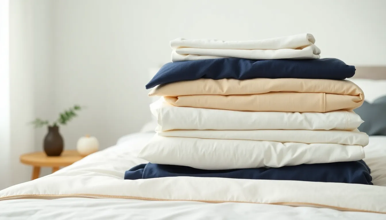 Rent, nystrøget sengetøj i creme og navy lagt pænt på en opredt seng i et roligt dansk soveværelse med varmt aftenlys