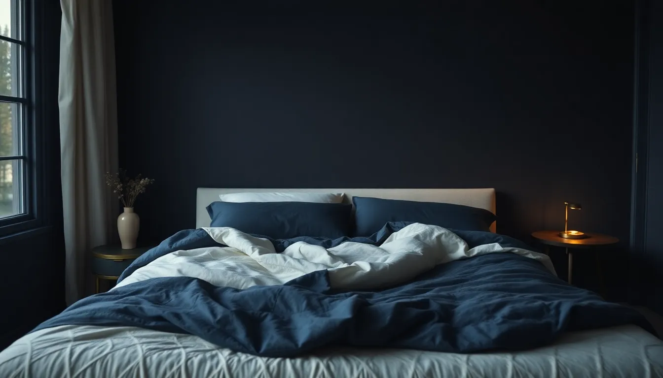 Roligt dansk soveværelse i blødt aftenlys med en opredt seng i navy og creme og et varmt gyldent skær fra en natlampe