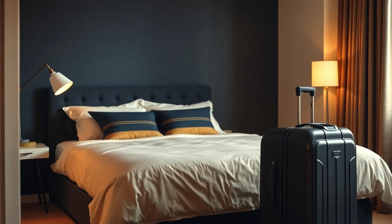 Redt hotelseng i navy og guld med en pakket kuffert ved siden af i varmt aftenlys