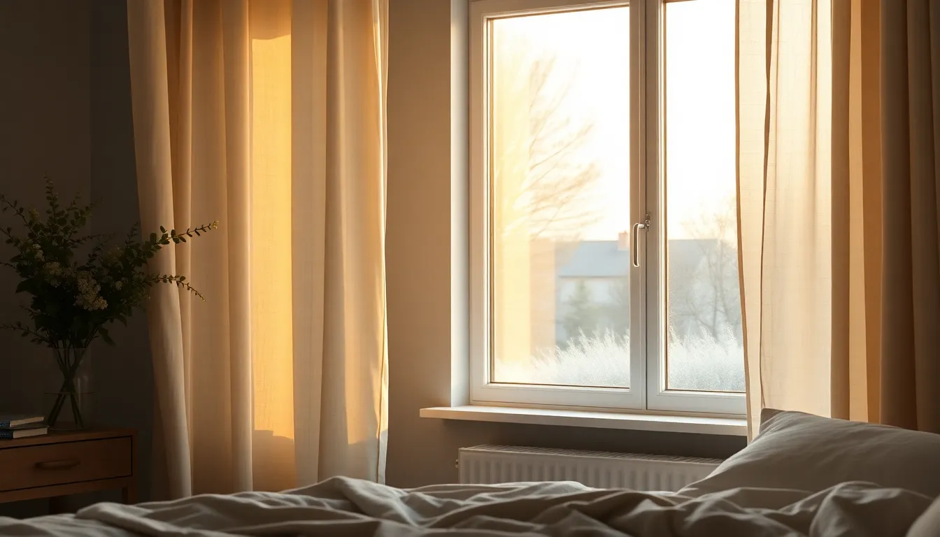 Roligt dansk soveværelse i den tidlige aften med et let dugget vindue, luftige gardiner og blødt gyldent lys i navy, guld og creme
