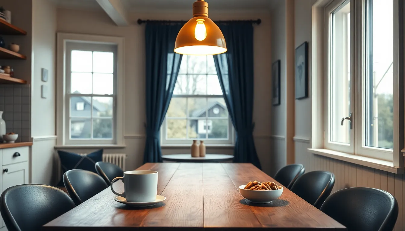 Roligt dansk køkken-alrum i varmt aftenlys med en dæmpet spisebordslampe i guld og creme og en kop urtete på bordet