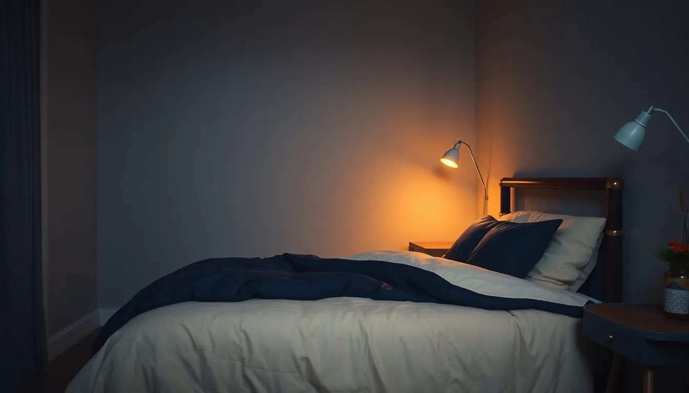 Roligt dansk soveværelse i blødt aftenlys med en opredt seng i navy og creme og et varmt gyldent skær fra en natlampe