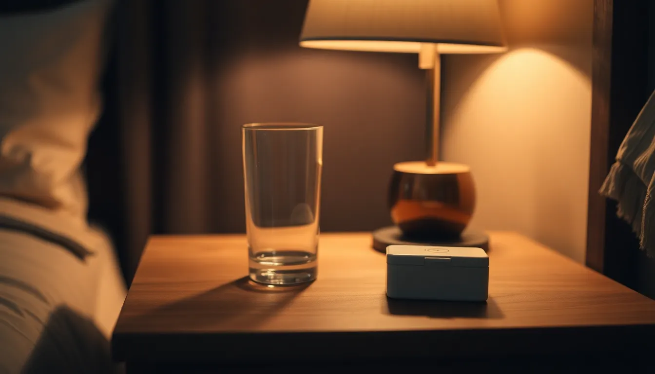 Natbord i mørkt soveværelse med et glas vand og en lille pilleæske i varmt guldligt aftenlys, navy og creme toner