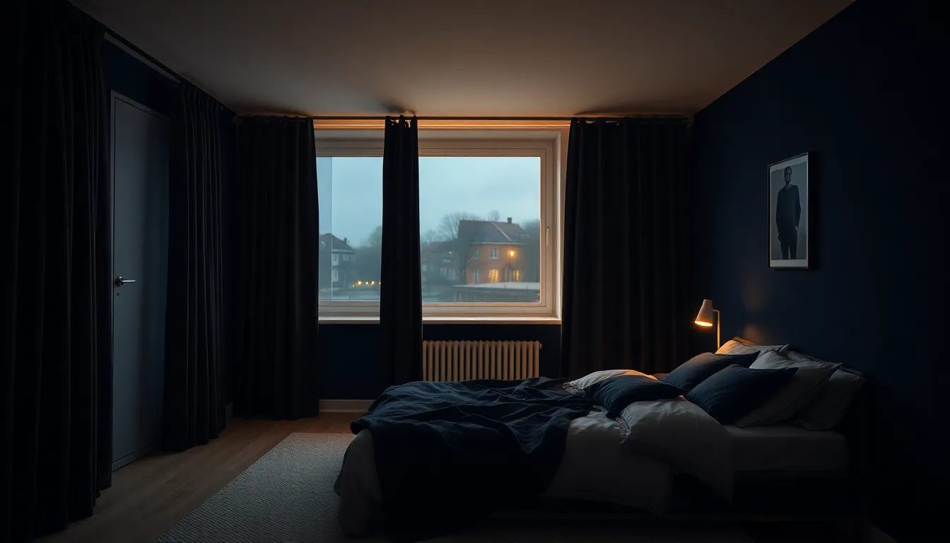 Mørkt dansk soveværelse med tunge mørklægningsgardiner for vinduet og et svagt gyldent skær fra en dæmpet natlampe i navy og creme