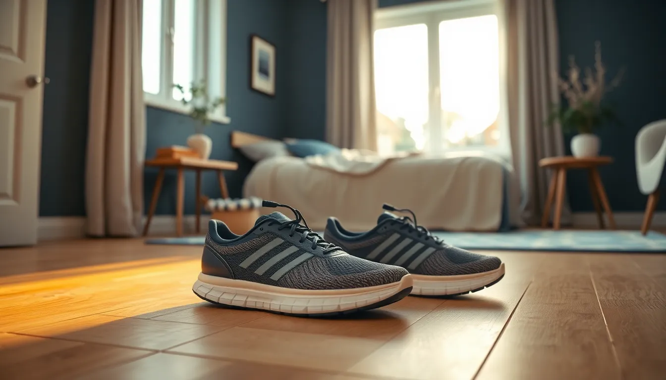 Danske løbesko og et vindue med varmt aftenlys ved et ryddeligt soveværelse i navy og creme