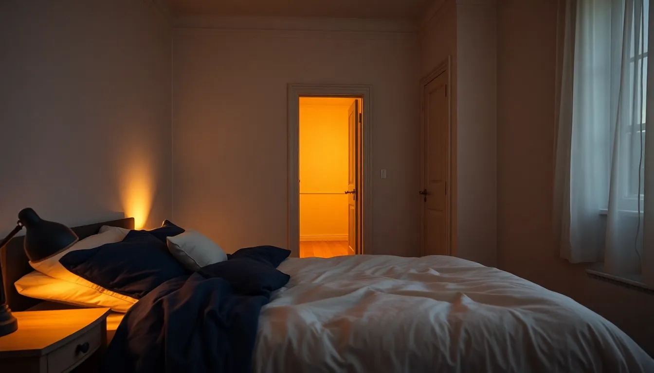 Roligt dansk soveværelse i dæmpet aftenlys med en opredt seng i navy og creme og et blødt gyldent skær fra en natlampe