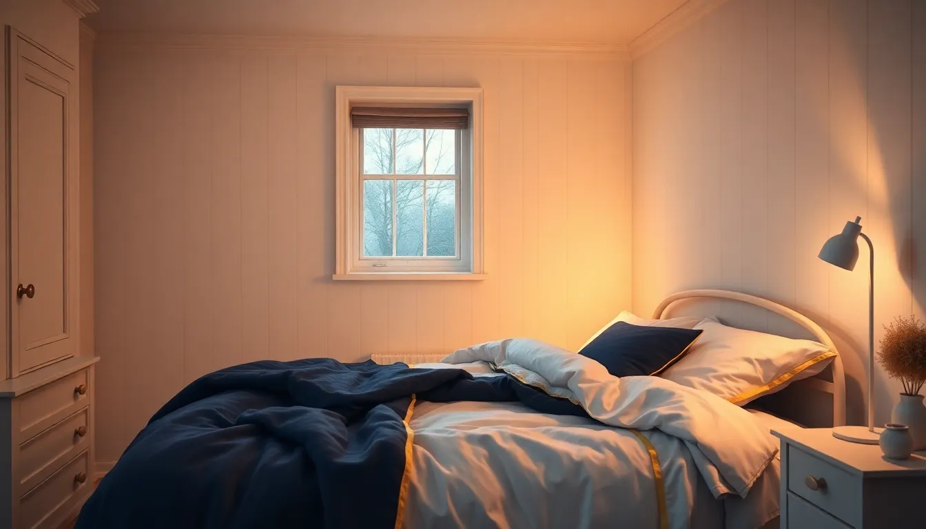 Roligt dansk soveværelse i blødt aftenlys med en opredt seng i navy og creme og et varmt gyldent skær fra en natlampe ved en børneseng