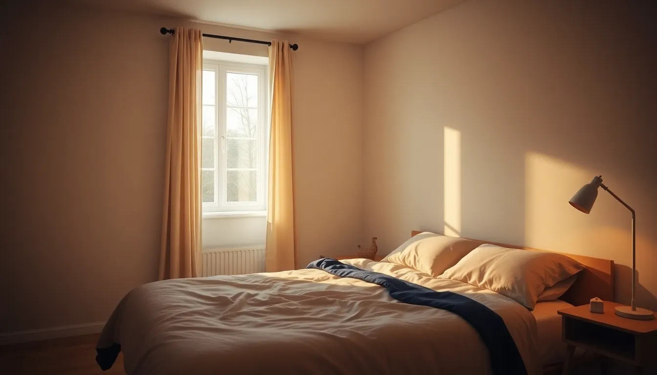 Roligt dansk soveværelse i blødt aftenlys med en opredt seng i navy og creme, et åbent vindue og et varmt gyldent skær fra en natlampe