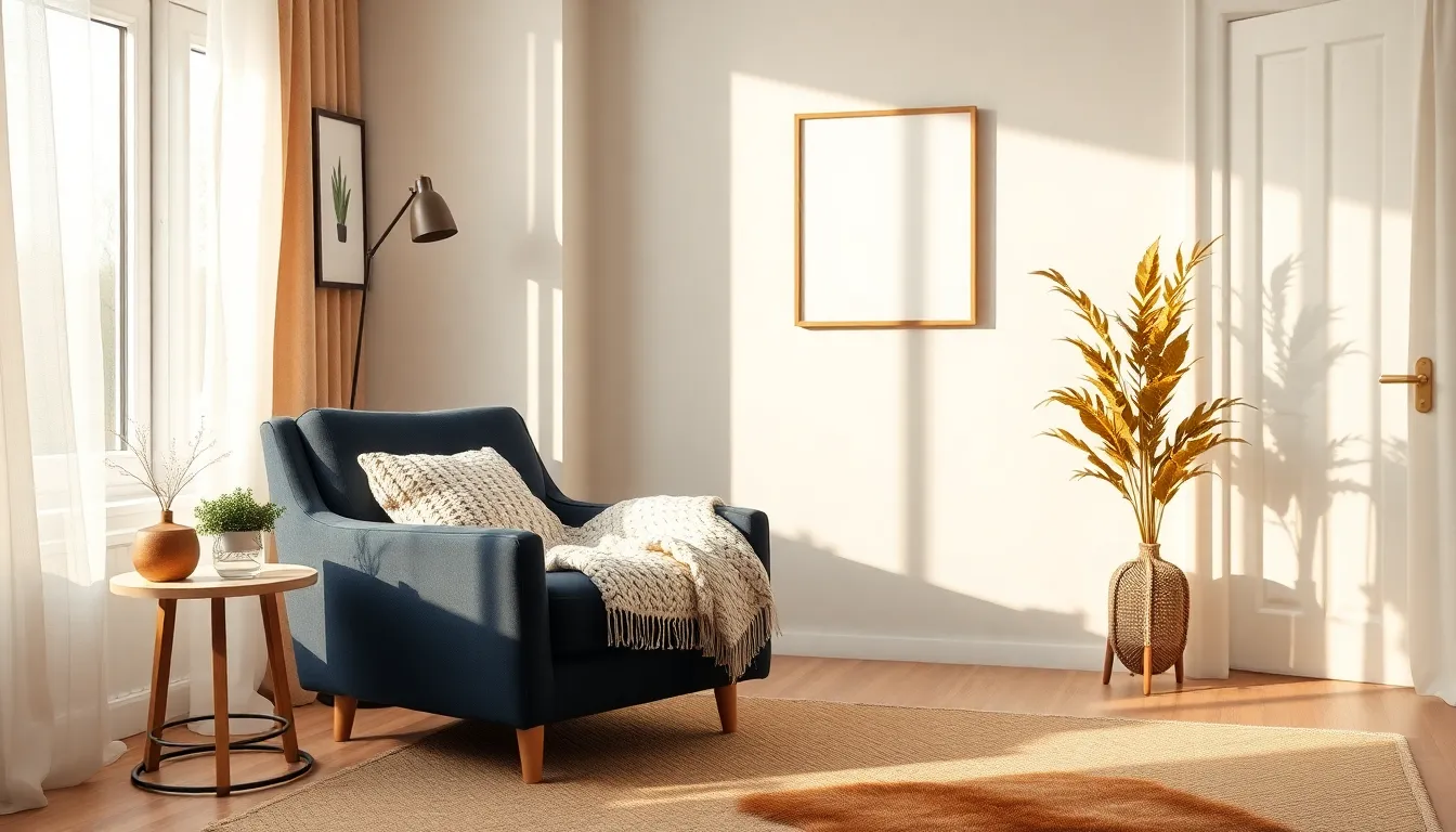 Lys, hyggelig dansk stue i tidlig eftermiddag med en blød lænestol og et strikket plaid i navy, guld og creme til en kort middagslur