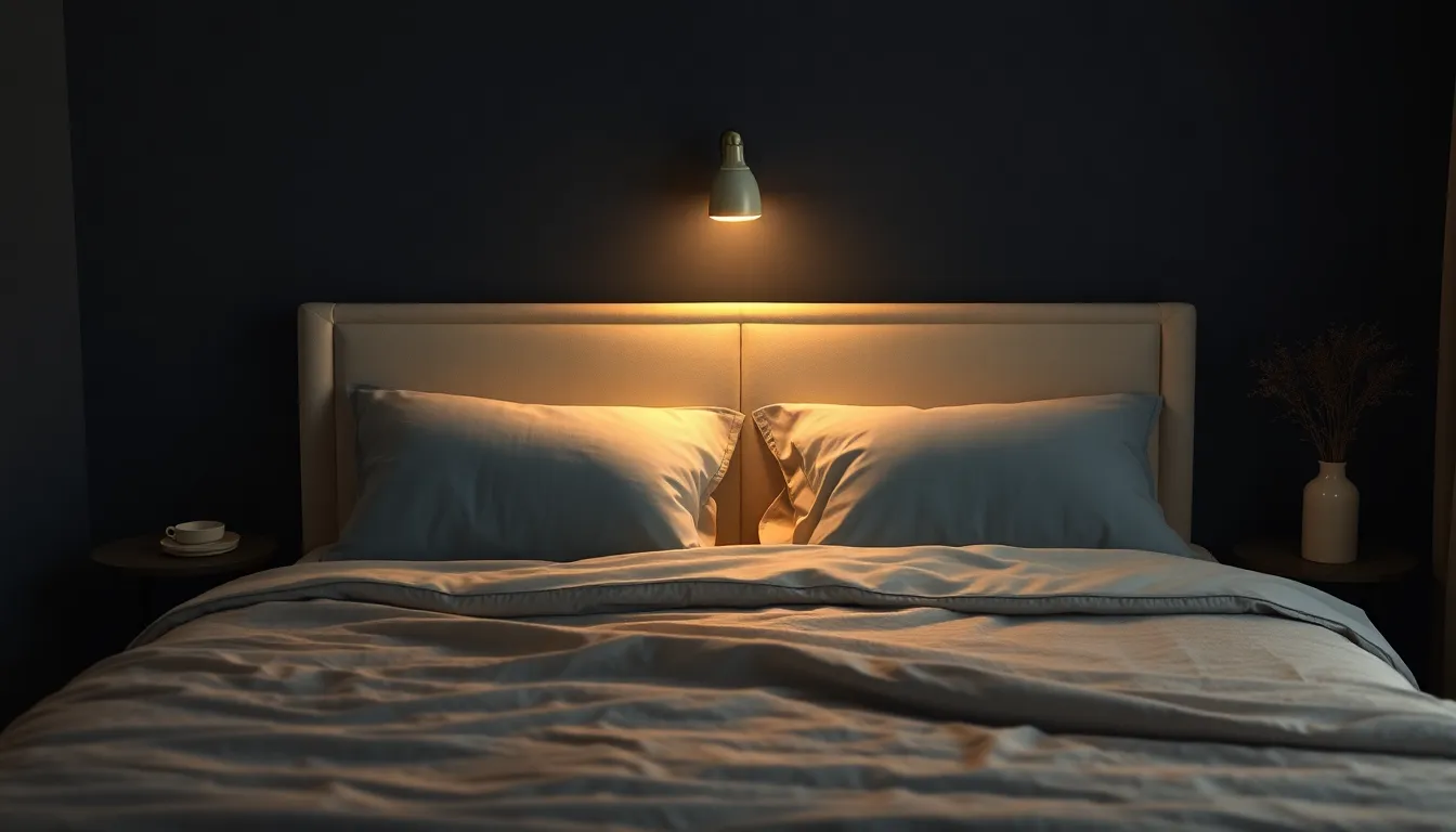Roligt dansk soveværelse i blødt aftenlys med en opredt dobbeltseng i navy og creme og et varmt gyldent skær fra en natlampe