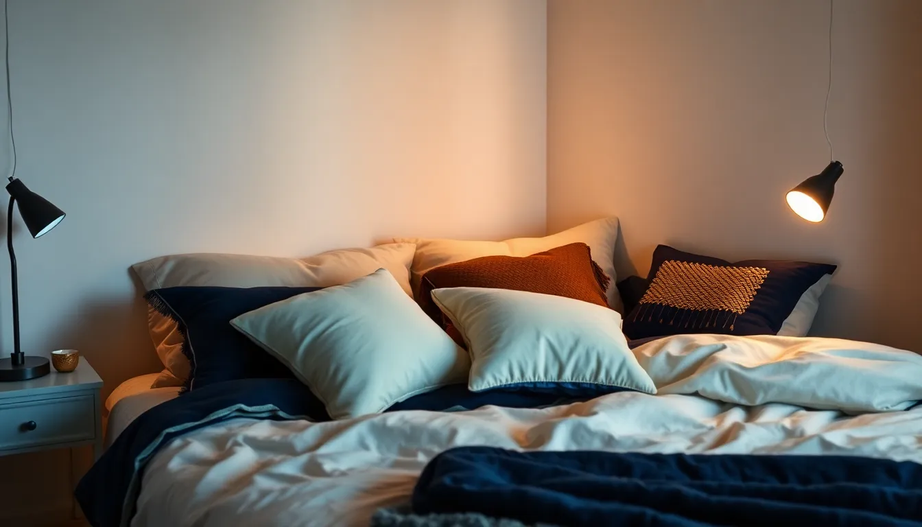 Roligt dansk soveværelse i blødt aftenlys med en opredt seng i navy og creme, bløde puder og et varmt gyldent skær fra en natlampe