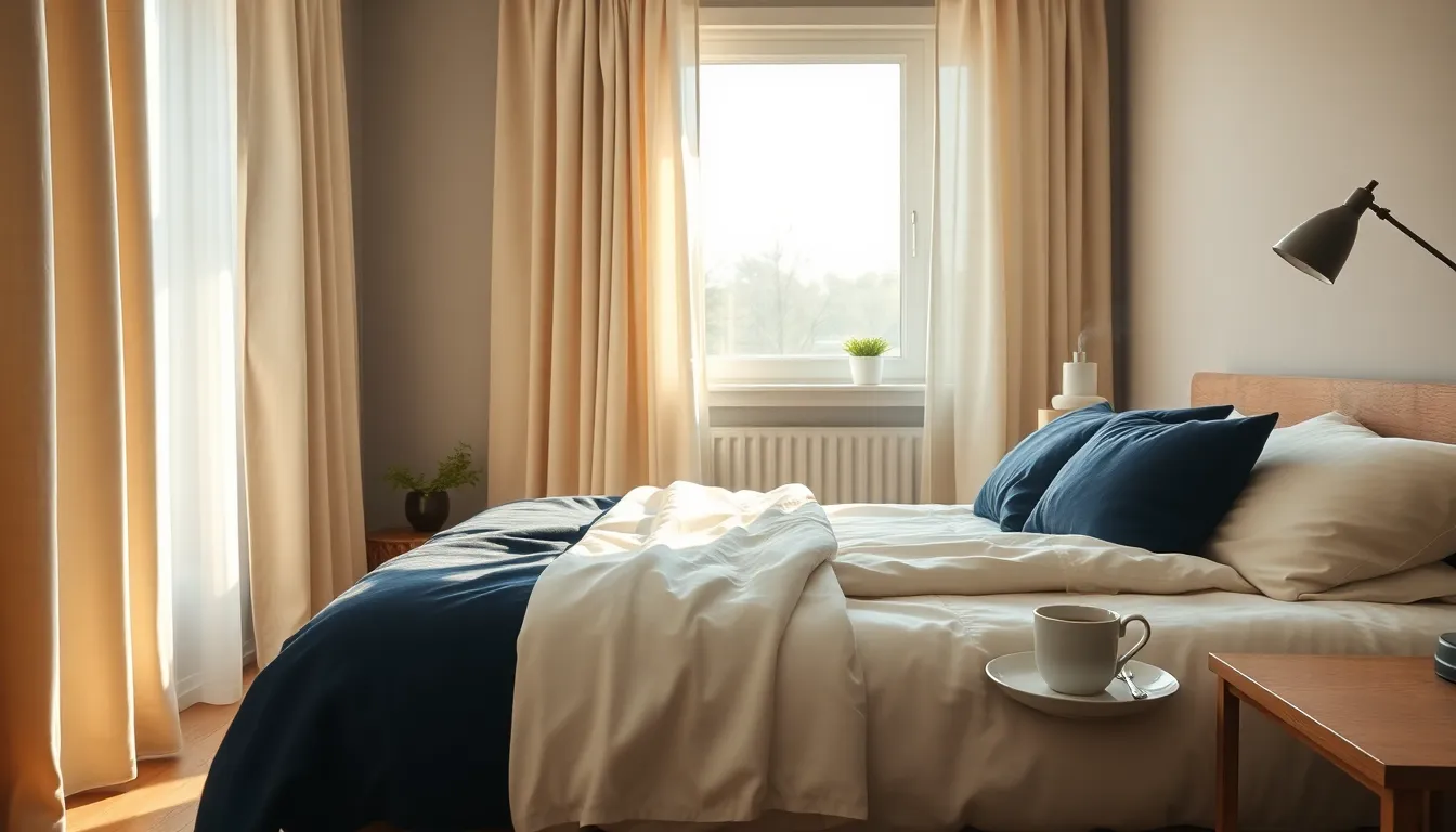Roligt dansk soveværelse i blødt morgenlys med en uredt seng i navy og creme og et varmt gyldent skær gennem gardinet