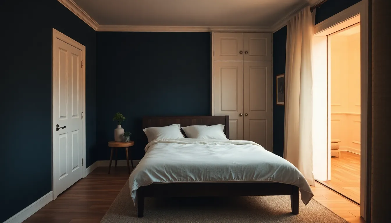 Roligt dansk soveværelse i blødt aftenlys med en åben soveværelsesdør, en opredt seng i navy og creme og et varmt gyldent skær fra en natlampe