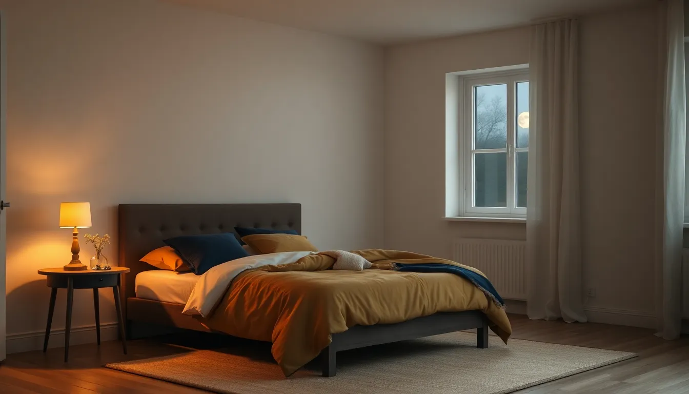 Roligt, tomt dansk soveværelse i blødt aftenlys med en opredt seng i navy og creme og et varmt gyldent skær fra en natlampe