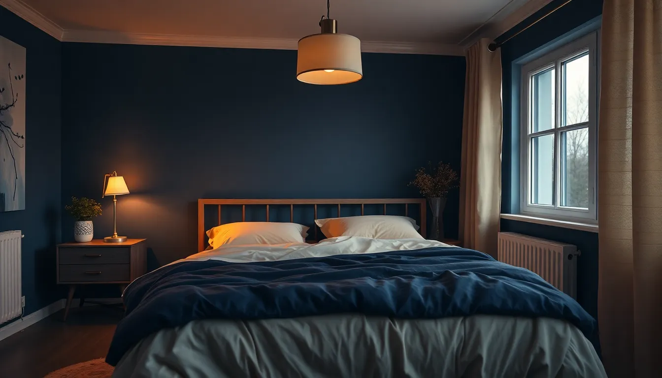 Roligt dansk soveværelse i blødt aftenlys med en opredt seng i navy og creme og et varmt gyldent skær fra en sengelampe
