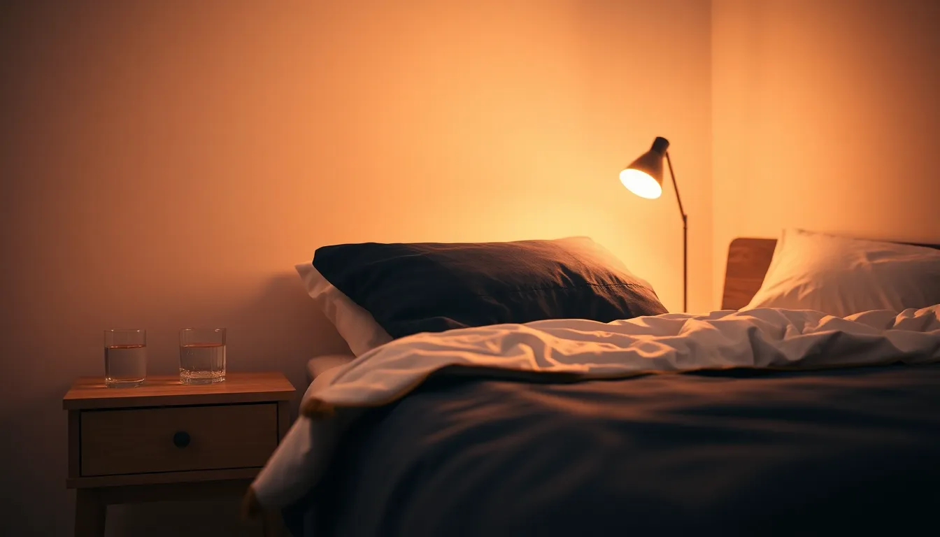 Roligt dansk soveværelse i varmt aftenlys med et glas vand på et træ-natbord ved siden af en blødt oplyst lampe i navy, guld og creme