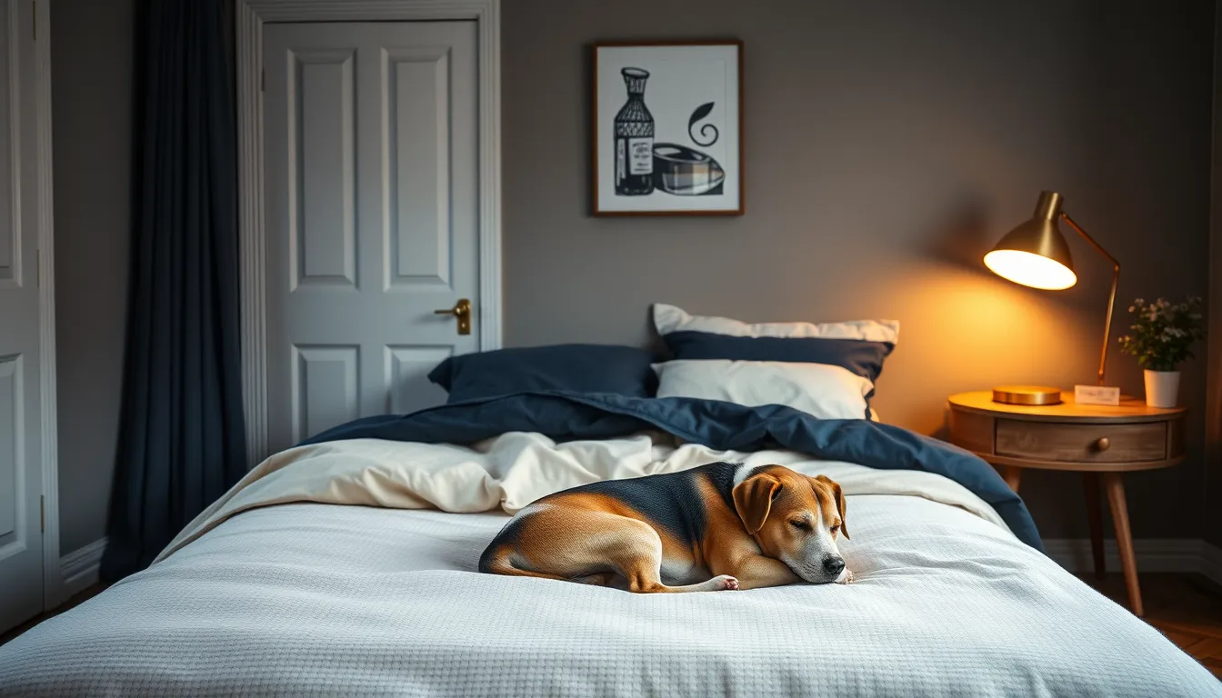 Roligt dansk soveværelse i varmt aftenlys med en hund, der ligger sammenkrøllet og sover ved fodenden af en opredt seng i navy og creme