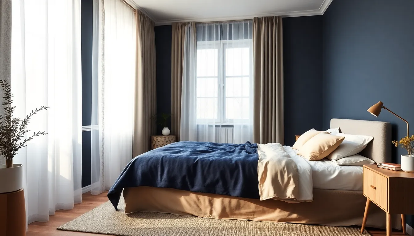 Roligt dansk soveværelse i blødt formiddagslys med en opredt seng i navy og creme og gardiner, der dæmper morgenlyset
