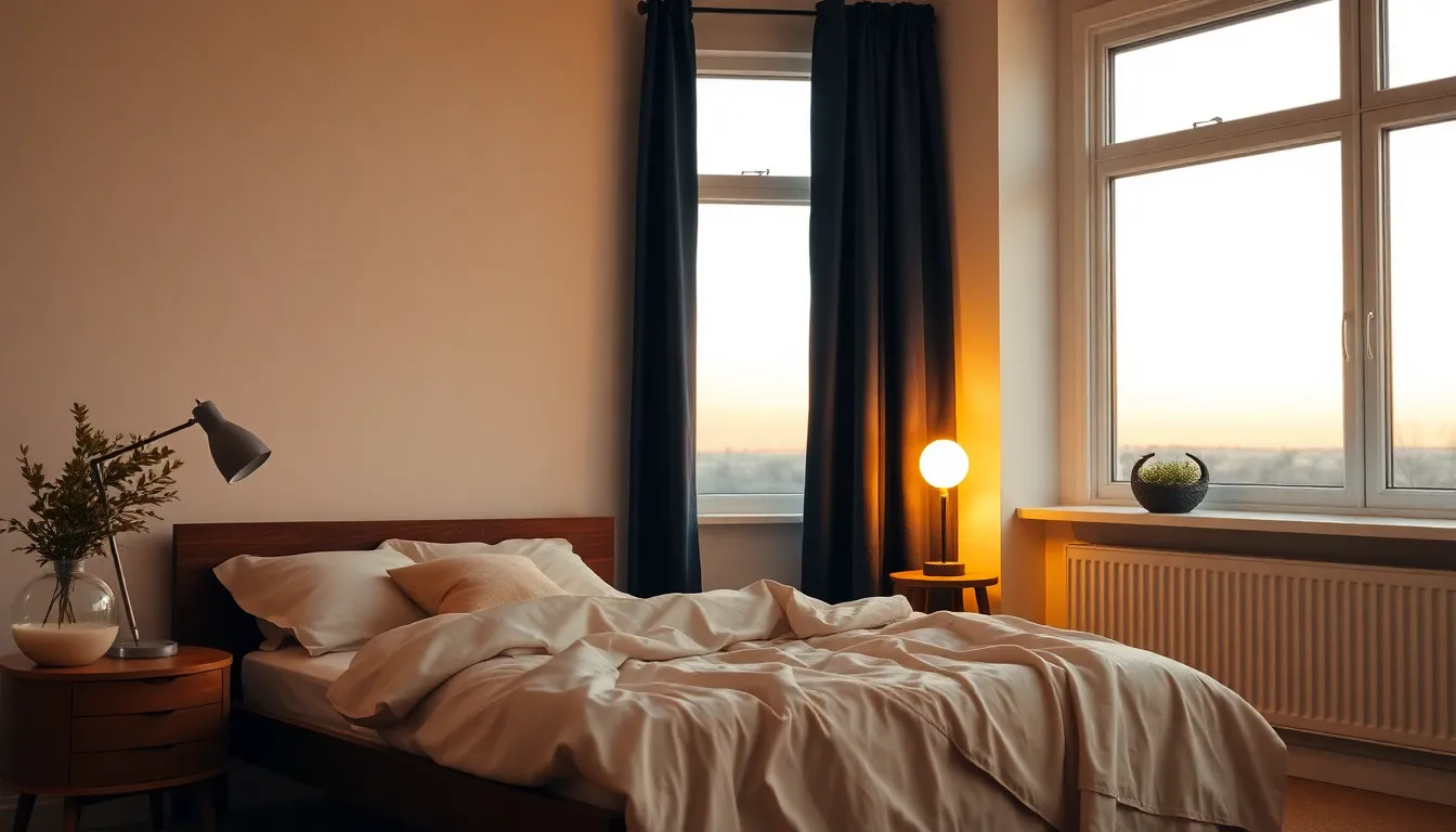 Roligt dansk soveværelse i dæmpet aftenlys med lukkede gardiner i navy og creme og et blødt gyldent skær fra en natlampe