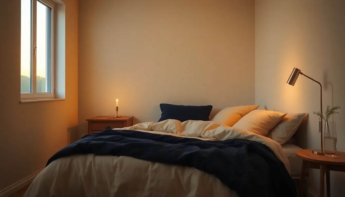 Roligt dansk soveværelse i blødt aftenlys med en opredt seng i navy og creme og et varmt gyldent skær fra en natlampe