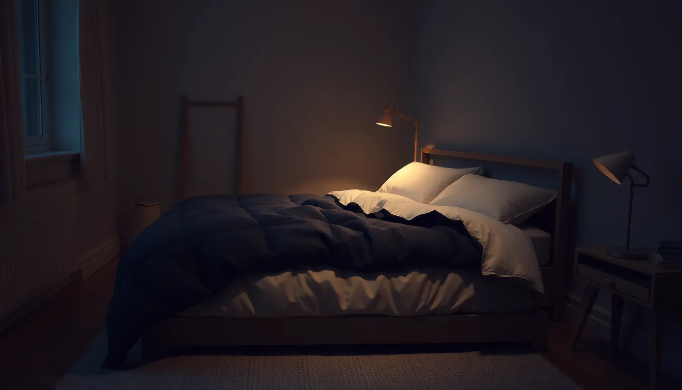 Roligt dansk soveværelse i dæmpet aftenlys med en opredt seng i navy og creme og et blødt gyldent skær fra en natlampe