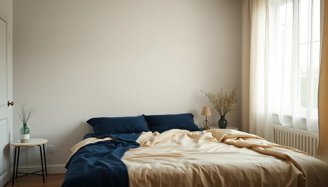 Roligt dansk soveværelse i det tidlige morgengry med dæmpet lys gennem gardinet og redt sengetøj i navy og creme