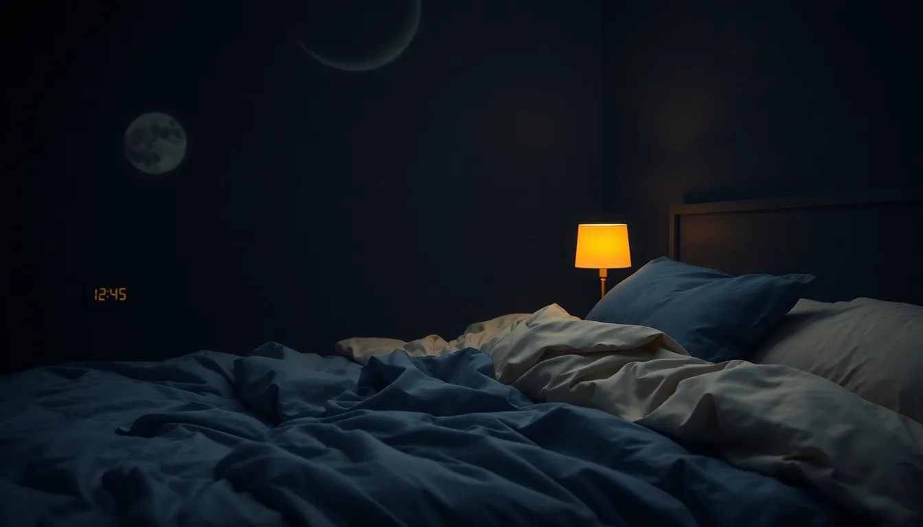 Mørkt soveværelse midt om natten med sengetøj i navy og creme og et svagt gyldent lys fra en lille lampe