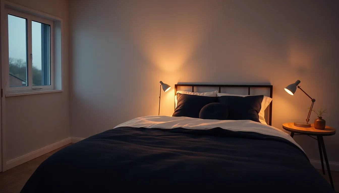 Roligt dansk soveværelse i dæmpet aftenlys med en opredt seng i navy og creme og et blødt gyldent skær fra en natlampe